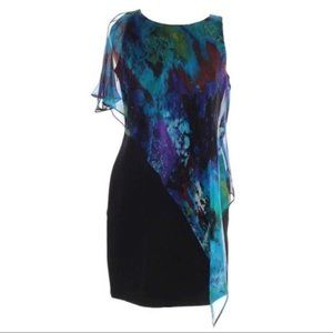 NWT Aidan by Aidan Mattox Black Draped Gown Silk Abstract Watercolor Blue Green